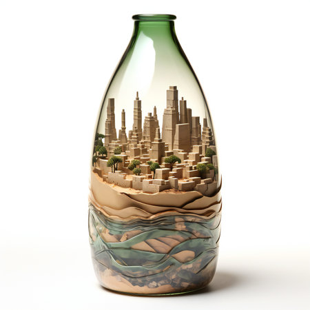 illustration of a glass bottle with a city in the middleの素材
