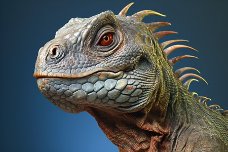 Iguana head closeup on blue background.の素材