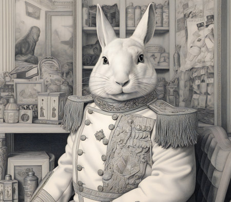 Rabbit in a royal suit sitting in a chair in a libraryの素材