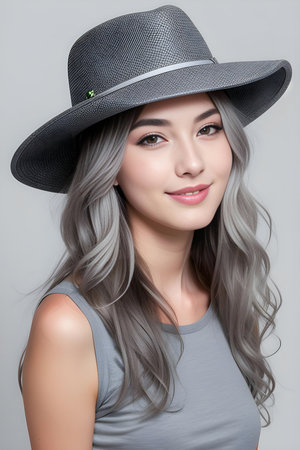 Portrait of a beautiful young asian woman with grey hair wearing hat.の素材