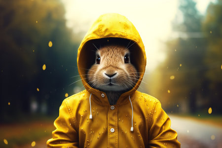 Rabbit in raincoat on autumn background. Easter holiday concept.の素材