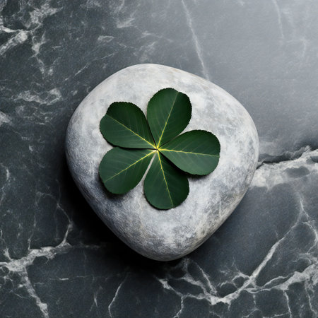 Green clover leaf on stone, square imageの素材