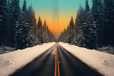 Snowy road in the winter forest at sunset. Retro style.の素材