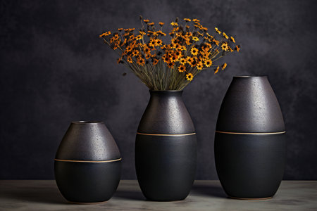 Three black vases with dry flowers on a dark background.の素材