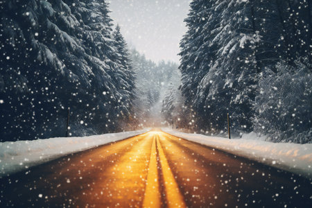 Winter road in the forest with snowflakes. Beautiful winter landscape.の素材