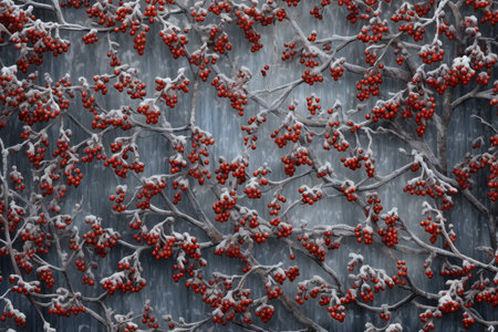 Winter background with frozen rowan branches and red berries on the wallの素材