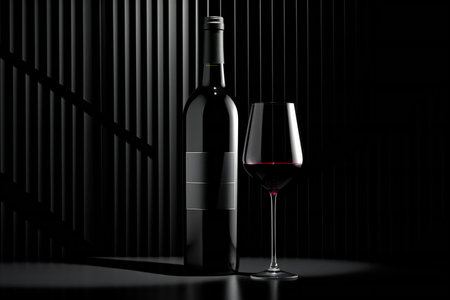 Bottle and glass of red wine on black background.の素材