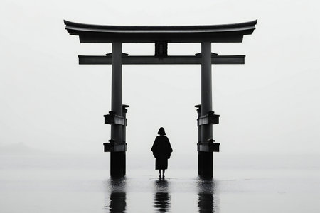 Silhouette of a woman standing in front of torii gateの素材