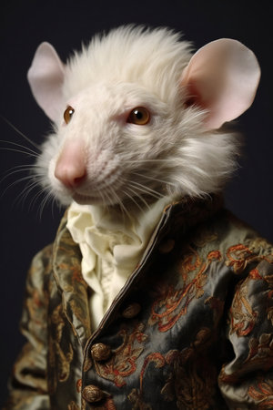 White rat in a jacket and bow tie on a dark background.の素材
