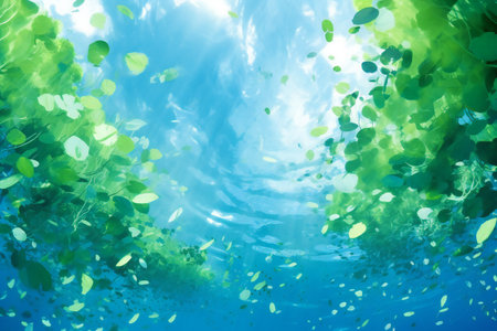Underwater scene with green leaves and sun rays. Abstract background.の素材