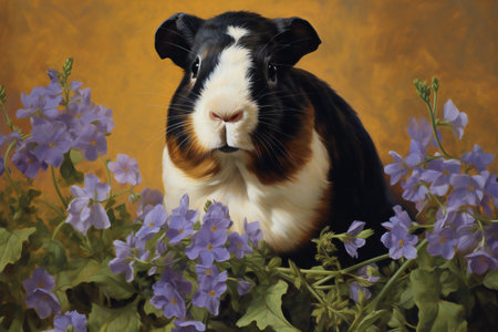 Guinea pig and violets on a yellow background with flowersの素材