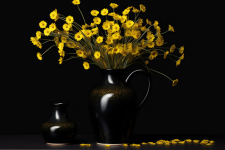 Still life with yellow flowers in a vase on a black backgroundの素材