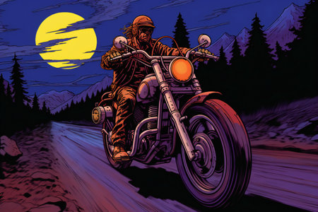 Motorcycle rider on the road in the mountains. Cartoon style.の素材