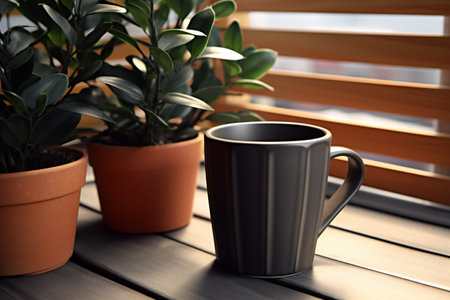 Cup of coffee on the table near the window with green plantsの素材