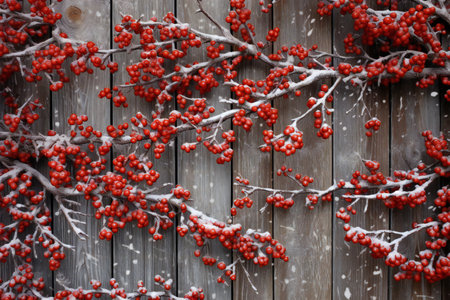Snow covered rowan berries on a wooden background. Winter background.の素材