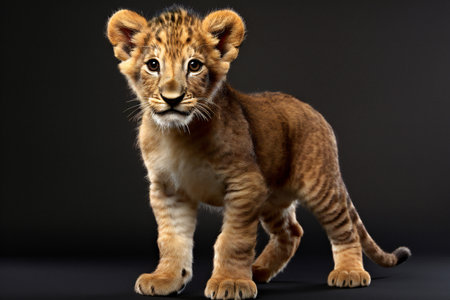 Studio shot of adorable lion cub standing on black background. Front view.の素材