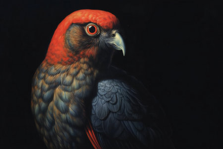 a red parrot on a black background.の素材