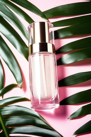 Perfume bottle on pink background with tropical leaves. Flat lay.の素材