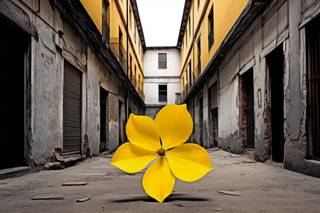 Yellow flower in the middle of an old building. Conceptual imageの素材