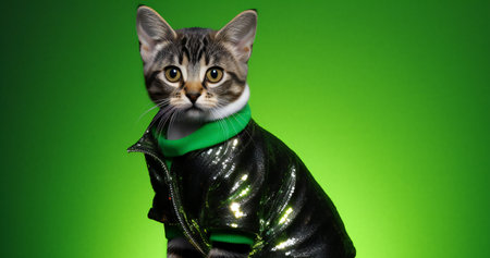 Fashion cat in a green suit on a green background with lights.の素材