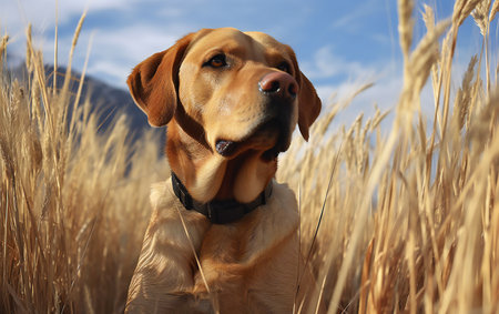 Labrador retriever in a field of tall grass, closeupの素材