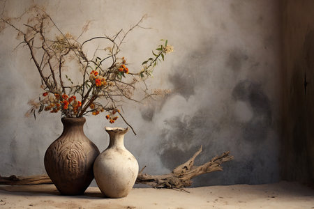 Still life with vase and dry branch on grunge wall backgroundの素材