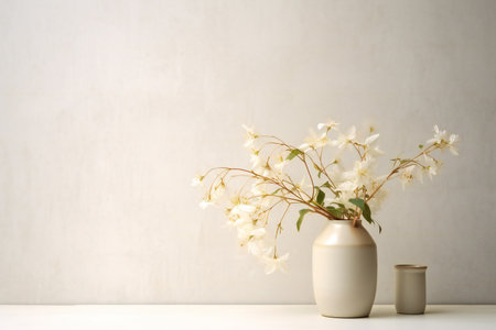 Vase with beautiful gypsophila flowers on table near light wallの素材