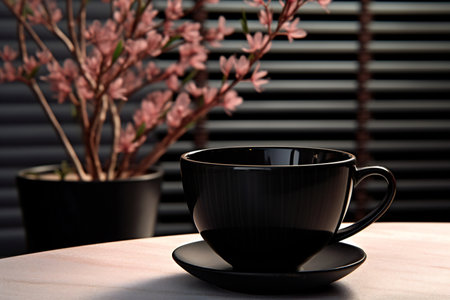 Cup of coffee on wooden table in front of window blindsの素材