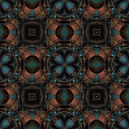 Kaleidoscopic ornamental floral seamless pattern in blue and brown colorsの素材
