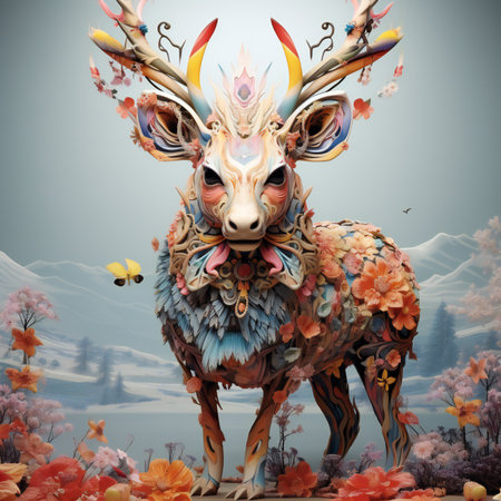 a reindeer in the forest with flowersの素材