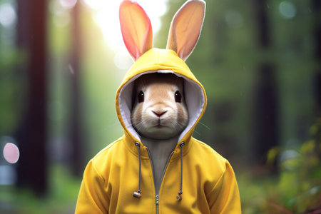 Rabbit in a yellow raincoat on the background of the forest.の素材