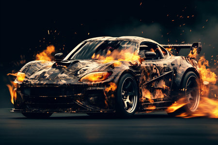 Car accident on the road. Burning car on a dark background.の素材