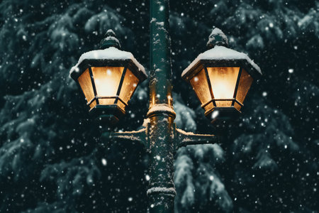 Vintage street lamp covered with snow in winter. Christmas background.の素材