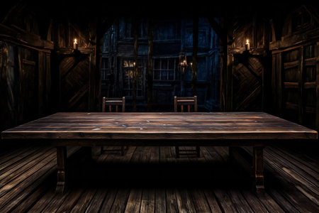 Wooden table and chairs in the dark room.の素材