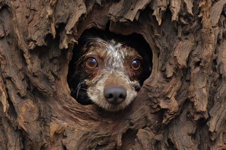 Dog peeking out of a hole in the bark of a treeの素材