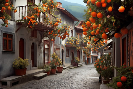 Oranges growing on the street of an old town in Switzerland.の素材