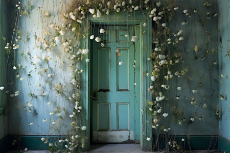 Door decorated with white flowers in the old house, vintage styleの素材