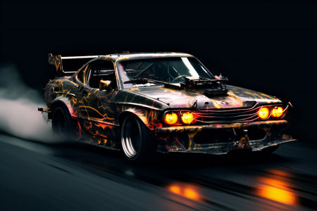 Retro car with fire and smoke on the road at night.の素材