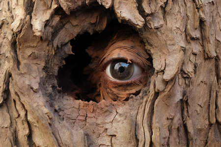 Eye of a man peeking through a hole in a tree trunkの素材