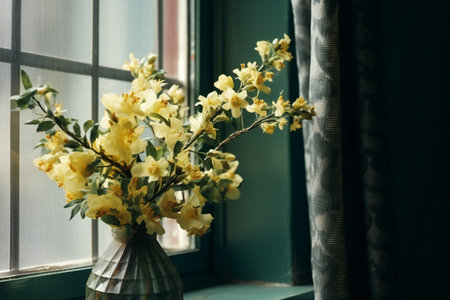 Bouquet of yellow flowers in vase on the windowsillの素材
