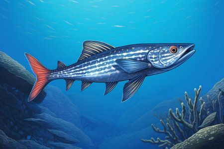 Illustration of a fish swimming in the ocean near the coral reefの素材