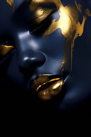 Close-up portrait of a beautiful woman with gold paint on her faceの素材