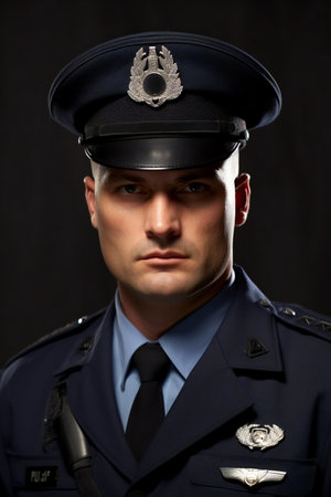 Portrait of a policeman on a dark background. Studio shot.の素材