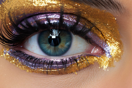 Close-up of beautiful woman's eye with golden make-upの素材