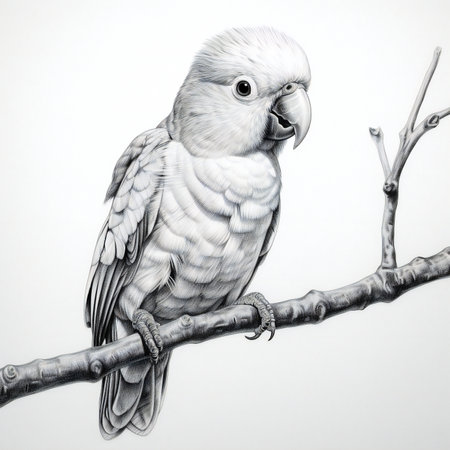 White parrot on a branch isolated on white background. Pencil drawing.の素材