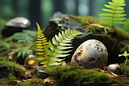 Fern and stone on moss background. Close up view. Nature concept.の素材