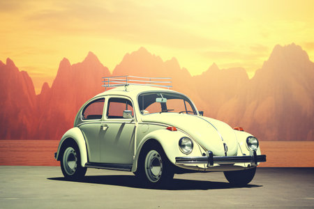 Vintage car on the road in the desert.の素材