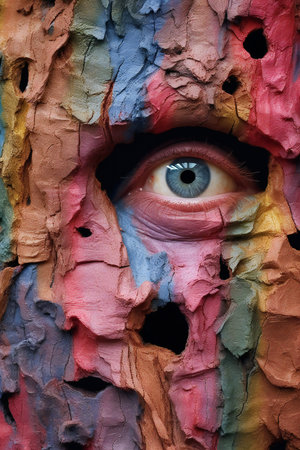 A closeup shot of a woman's eye in a painted wallの素材