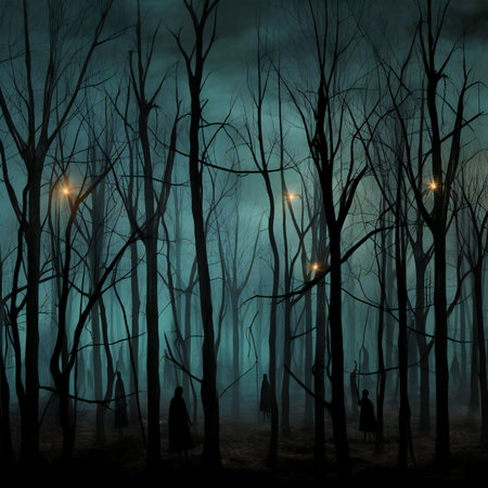 Silhouette of a witch in the dark forest. Halloween backgroundの素材