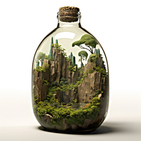 Miniature city in a glass bottle on white background.の素材